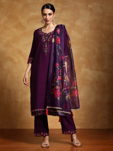 Varanga Women Floral Motif Thread Embroidered Yoke Kurta with Trouser & Dupatta